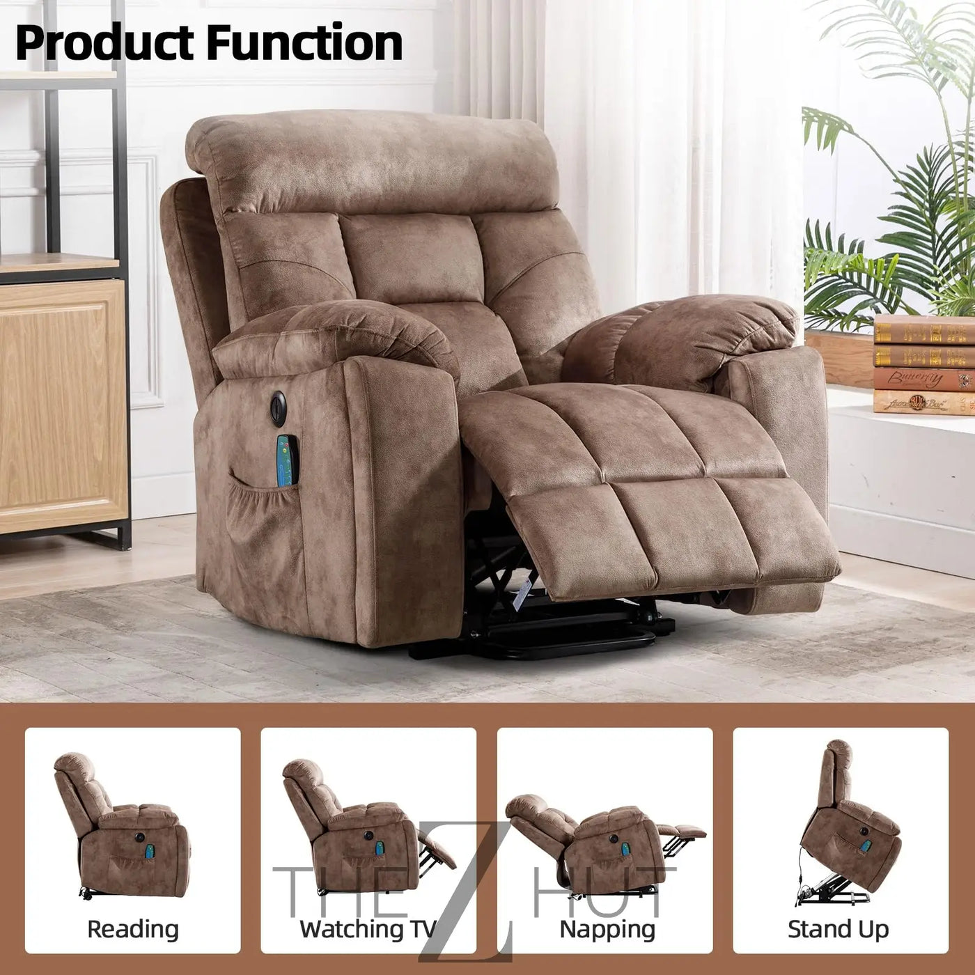 CANMOV Large Power Lift Recliner Chair with Massage and Heat for Elderly Big and Tall People, Overstuffed Wide Recliners with 2 Cup Holders, Side Pocket and USB Port, Camel THE Z HUT