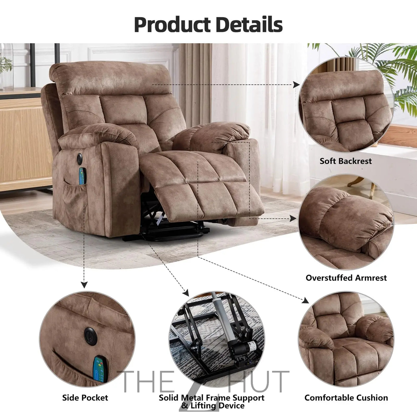 CANMOV Large Power Lift Recliner Chair with Massage and Heat for Elderly Big and Tall People, Overstuffed Wide Recliners with 2 Cup Holders, Side Pocket and USB Port, Camel THE Z HUT