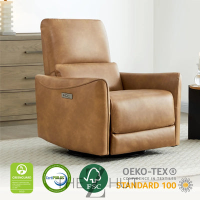 CHITA Power Recliner Chair Swivel Glider, FSC Certified Upholstered Faux Leather Living Room Nursery Reclining Sofa Chair with Lumbar Support, Cognac Brown THE Z HUT