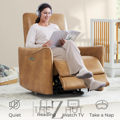 CHITA Power Recliner Chair Swivel Glider, FSC Certified Upholstered Faux Leather Living Room Nursery Reclining Sofa Chair with Lumbar Support, Cognac Brown THE Z HUT
