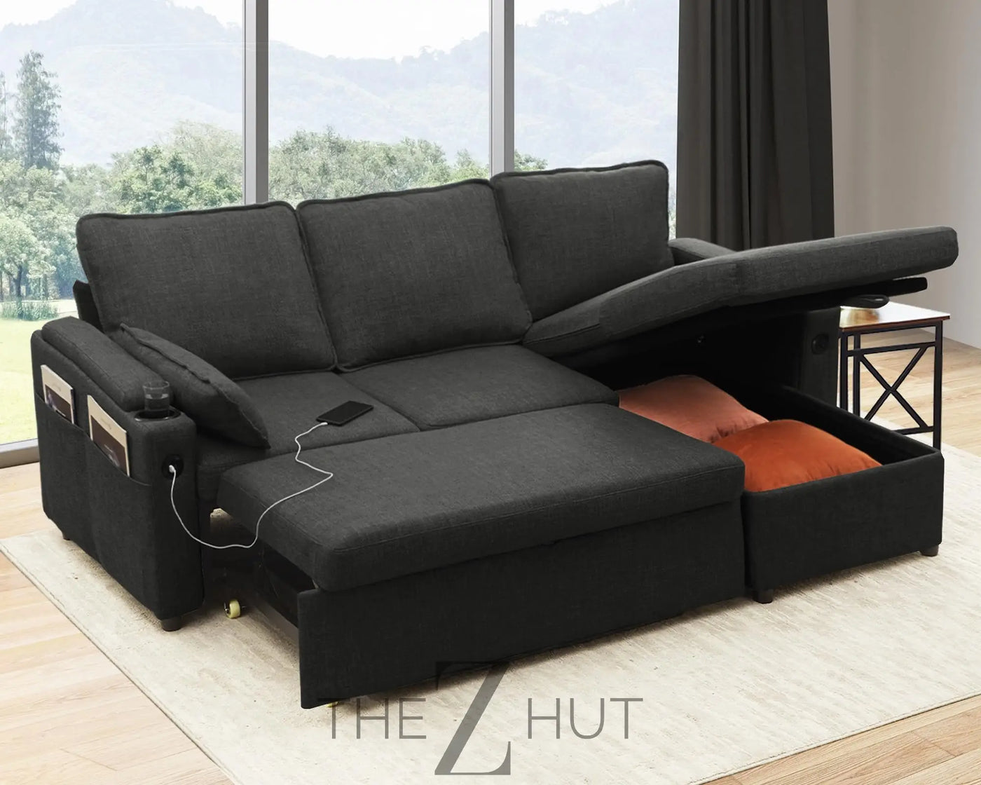 DURASPACE Sofa Bed Sleeper Pull Out 2 in 1 Sectional Sleeper Sofa Couches with Storage,USB, Cup Holder,Pullout Sectional Couches for Apartment Living Room (Dark Gray) THE Z HUT