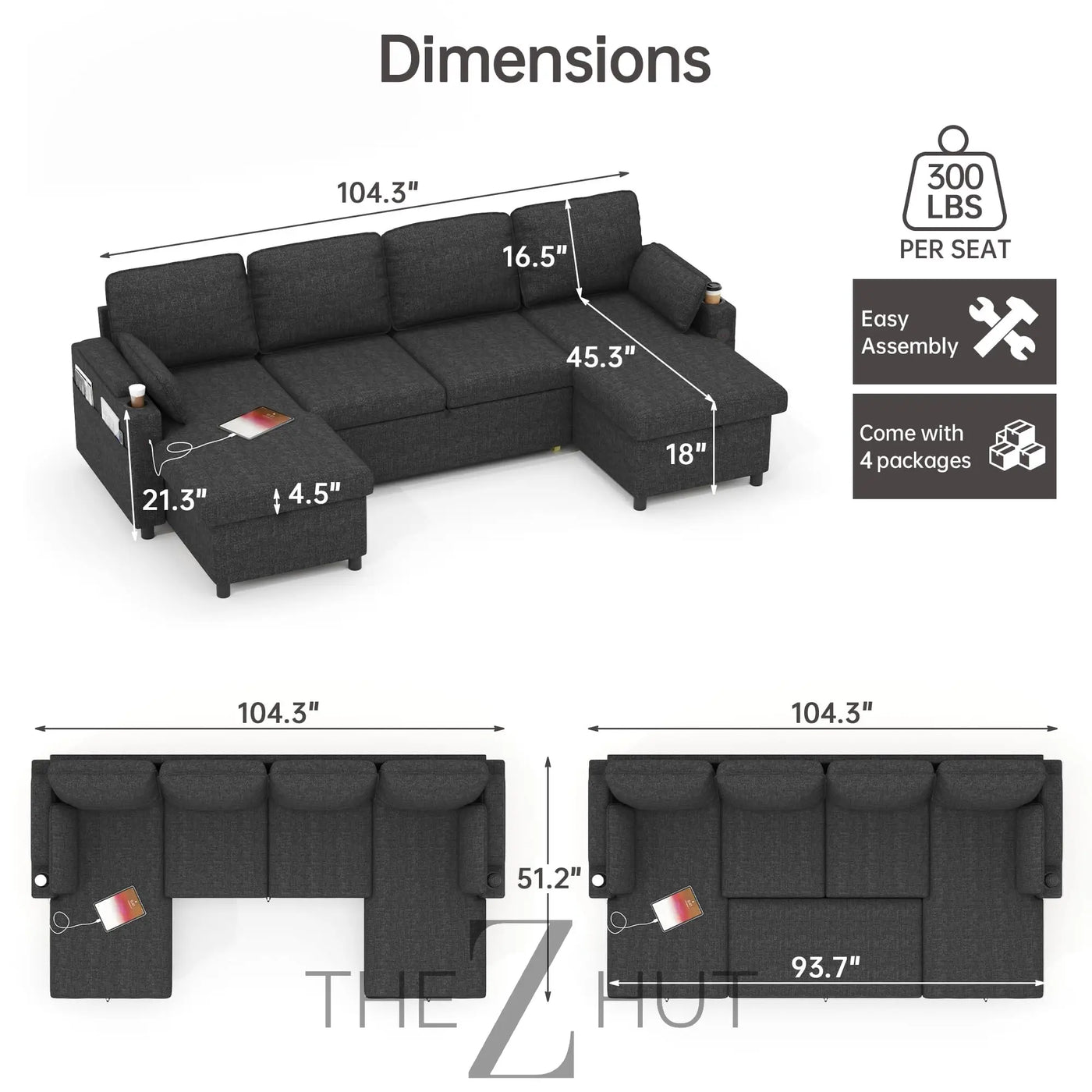 DURASPACE Sofa Bed Sleeper Pull Out 2 in 1 Sectional Sleeper Sofa Couches with Storage,USB, Cup Holder,Pullout Sectional Couches for Apartment Living Room (Dark Gray) THE Z HUT