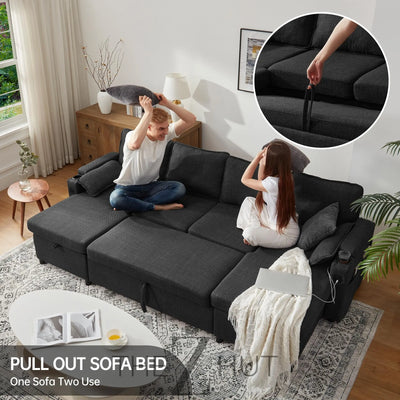 DURASPACE Sofa Bed Sleeper Pull Out 2 in 1 Sectional Sleeper Sofa Couches with Storage,USB, Cup Holder,Pullout Sectional Couches for Apartment Living Room (Dark Gray) THE Z HUT