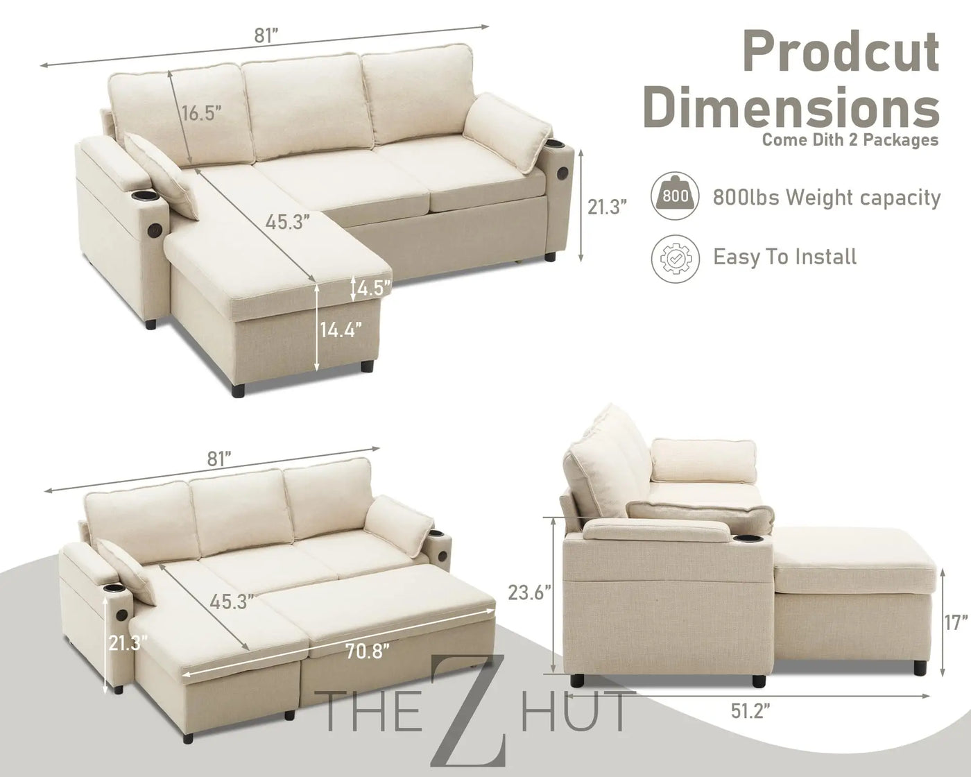 DURASPACE Sofa Bed Sleeper Pull Out 2 in 1 Sectional Sleeper Sofa Couches with Storage,USB, Cup Holder,Pullout Sectional Couches for Apartment Living Room (Dark Gray) THE Z HUT