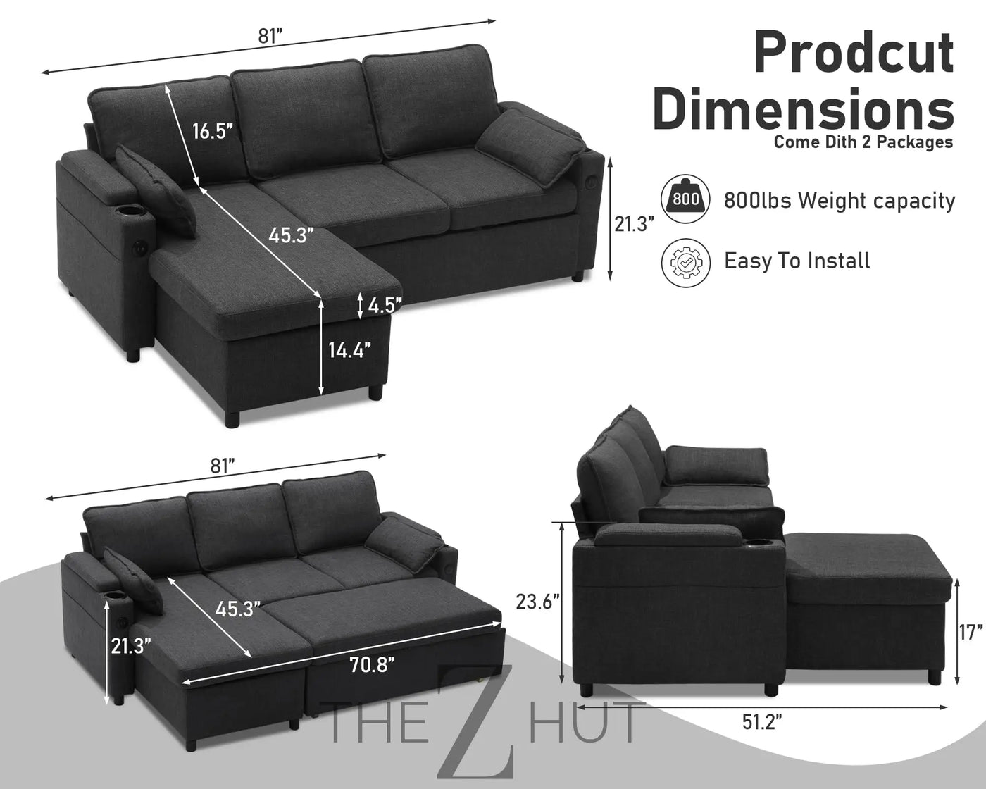 DURASPACE Sofa Bed Sleeper Pull Out 2 in 1 Sectional Sleeper Sofa Couches with Storage,USB, Cup Holder,Pullout Sectional Couches for Apartment Living Room (Dark Gray) THE Z HUT