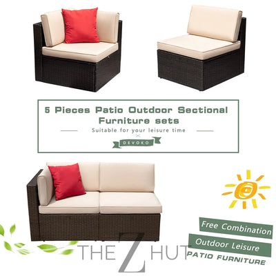 Devoko 5 Pieces Patio Furniture Sets All Weather Outdoor Sectional Patio Sofa Manual Weaving Wicker Rattan Patio Seating Sofas with Cushion and Glass Table(Beige) THE Z HUT