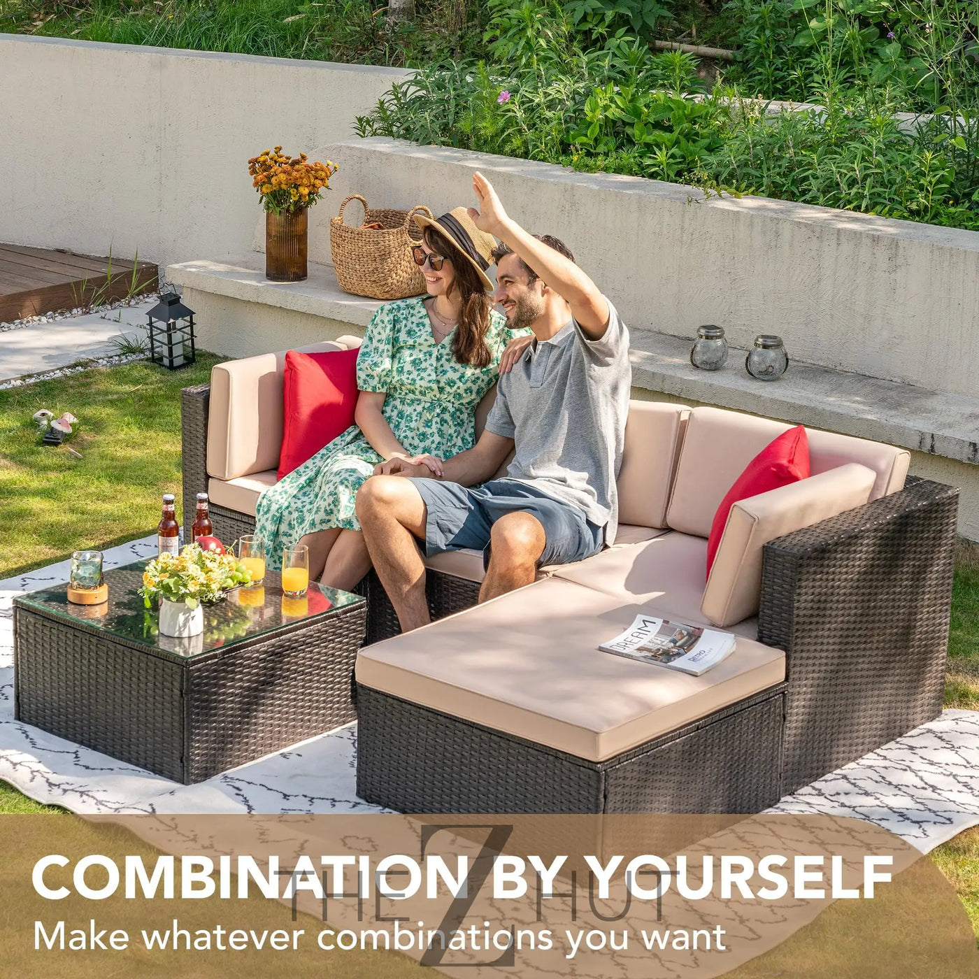 Devoko 5 Pieces Patio Furniture Sets All Weather Outdoor Sectional Patio Sofa Manual Weaving Wicker Rattan Patio Seating Sofas with Cushion and Glass Table(Beige) THE Z HUT