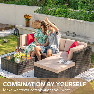 Devoko 5 Pieces Patio Furniture Sets All Weather Outdoor Sectional Patio Sofa Manual Weaving Wicker Rattan Patio Seating Sofas with Cushion and Glass Table(Beige) THE Z HUT