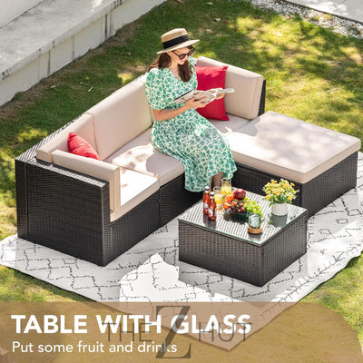 Devoko 5 Pieces Patio Furniture Sets All Weather Outdoor Sectional Patio Sofa Manual Weaving Wicker Rattan Patio Seating Sofas with Cushion and Glass Table(Beige) THE Z HUT