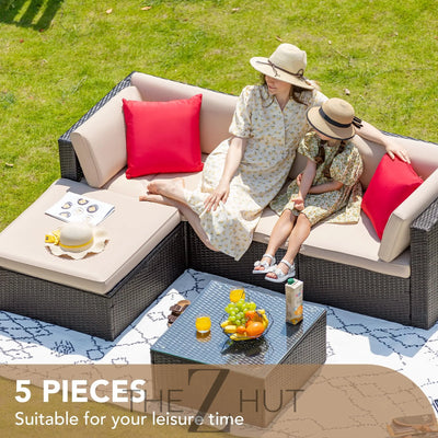 Devoko 5 Pieces Patio Furniture Sets All Weather Outdoor Sectional Patio Sofa Manual Weaving Wicker Rattan Patio Seating Sofas with Cushion and Glass Table(Beige) THE Z HUT