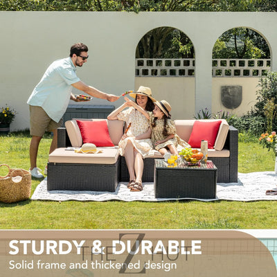 Devoko 5 Pieces Patio Furniture Sets All Weather Outdoor Sectional Patio Sofa Manual Weaving Wicker Rattan Patio Seating Sofas with Cushion and Glass Table(Beige) THE Z HUT