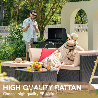 Devoko 5 Pieces Patio Furniture Sets All Weather Outdoor Sectional Patio Sofa Manual Weaving Wicker Rattan Patio Seating Sofas with Cushion and Glass Table(Beige) THE Z HUT