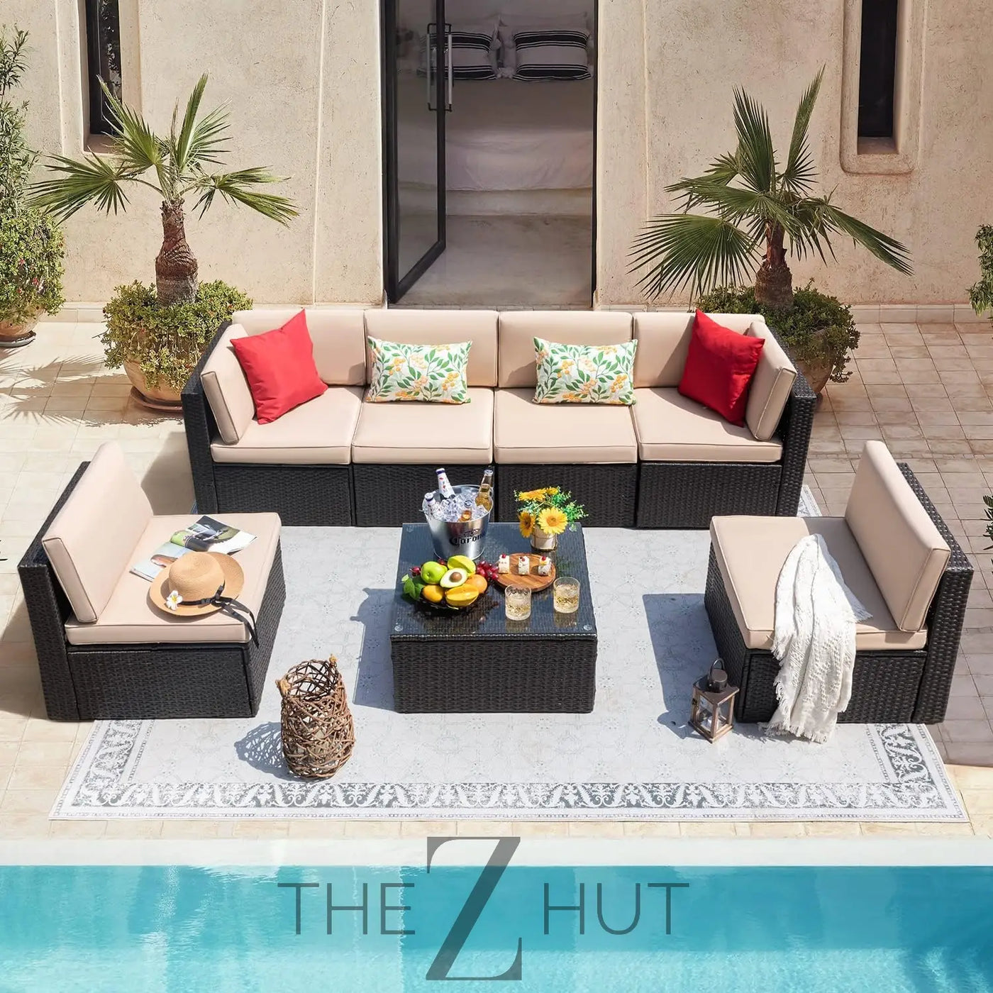 Devoko 7 Pieces Outdoor Sectional Sofa Patio Furniture Sets Manual Weaving Wicker Rattan Patio Conversation Sets with Cushion and Glass Table (Beige) THE Z HUT