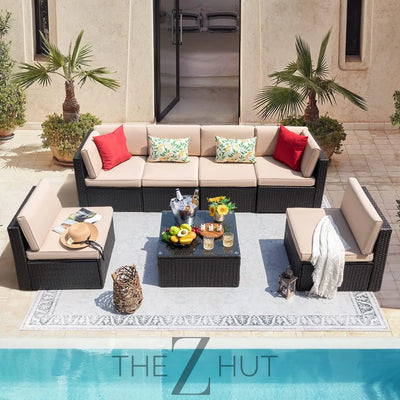 Devoko 7 Pieces Outdoor Sectional Sofa Patio Furniture Sets Manual Weaving Wicker Rattan Patio Conversation Sets with Cushion and Glass Table (Beige) THE Z HUT