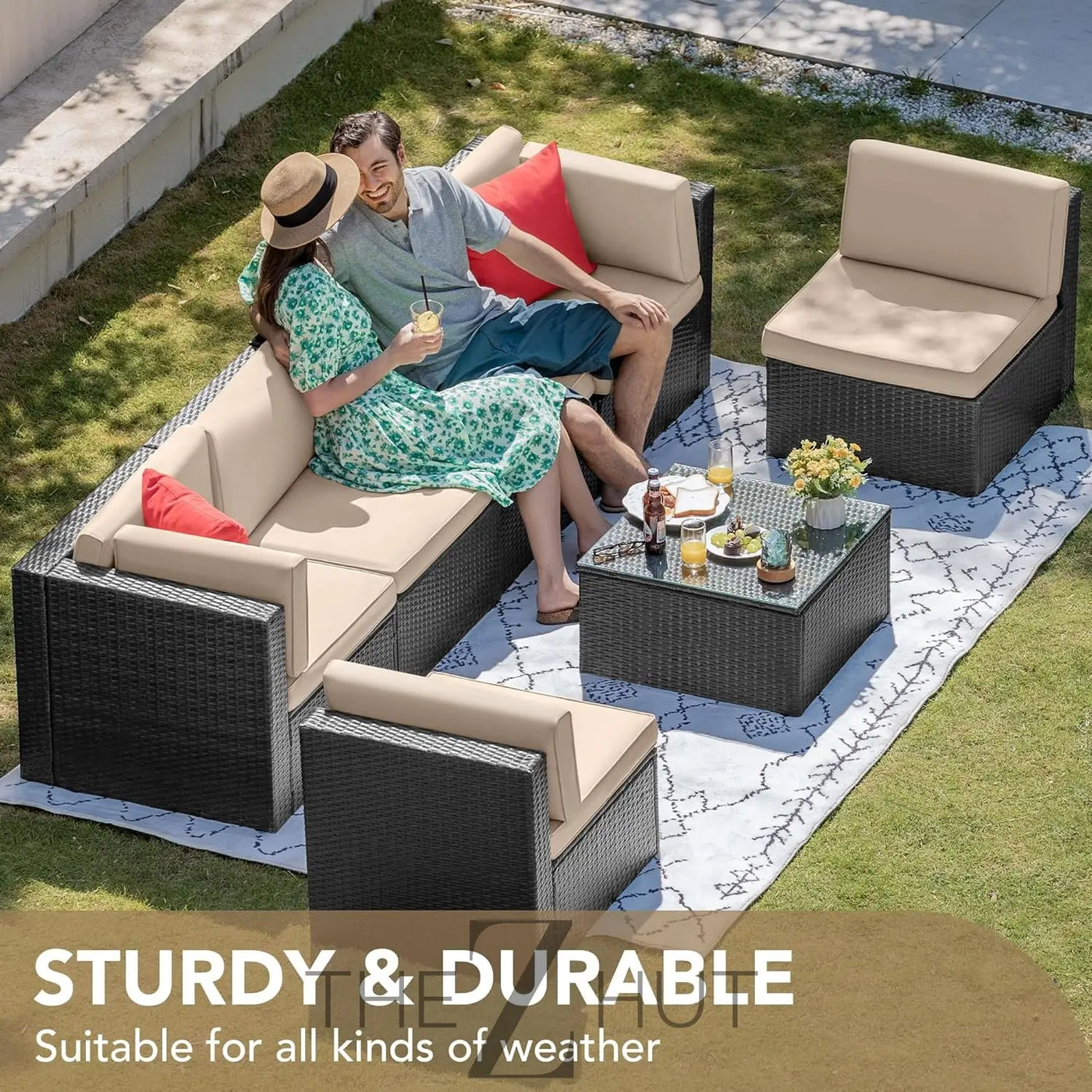 Devoko 7 Pieces Outdoor Sectional Sofa Patio Furniture Sets Manual Weaving Wicker Rattan Patio Conversation Sets with Cushion and Glass Table (Beige) THE Z HUT