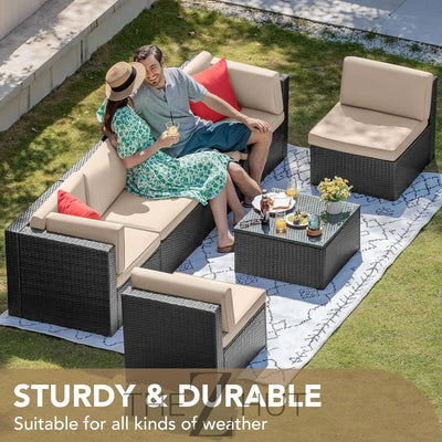 Devoko 7 Pieces Outdoor Sectional Sofa Patio Furniture Sets Manual Weaving Wicker Rattan Patio Conversation Sets with Cushion and Glass Table (Beige) THE Z HUT