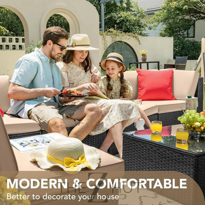 Devoko 7 Pieces Outdoor Sectional Sofa Patio Furniture Sets Manual Weaving Wicker Rattan Patio Conversation Sets with Cushion and Glass Table (Beige) THE Z HUT