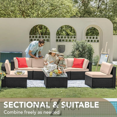 Devoko 7 Pieces Outdoor Sectional Sofa Patio Furniture Sets Manual Weaving Wicker Rattan Patio Conversation Sets with Cushion and Glass Table (Beige) THE Z HUT