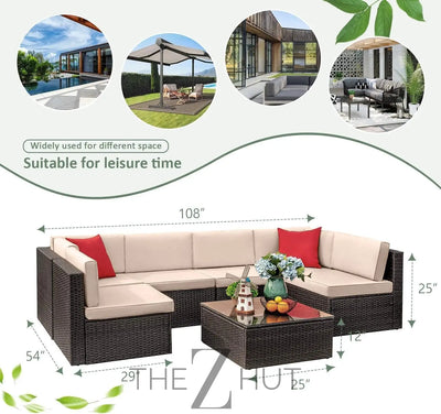 Devoko 7 Pieces Outdoor Sectional Sofa Patio Furniture Sets Manual Weaving Wicker Rattan Patio Conversation Sets with Cushion and Glass Table (Beige) THE Z HUT