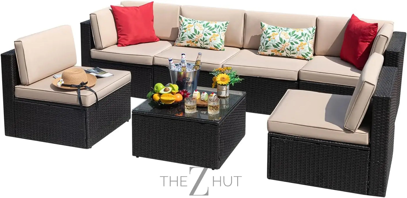 Devoko 7 Pieces Outdoor Sectional Sofa Patio Furniture Sets Manual Weaving Wicker Rattan Patio Conversation Sets with Cushion and Glass Table (Beige) THE Z HUT