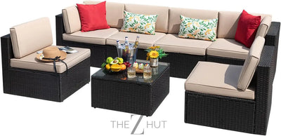 Devoko 7 Pieces Outdoor Sectional Sofa Patio Furniture Sets Manual Weaving Wicker Rattan Patio Conversation Sets with Cushion and Glass Table (Beige) THE Z HUT