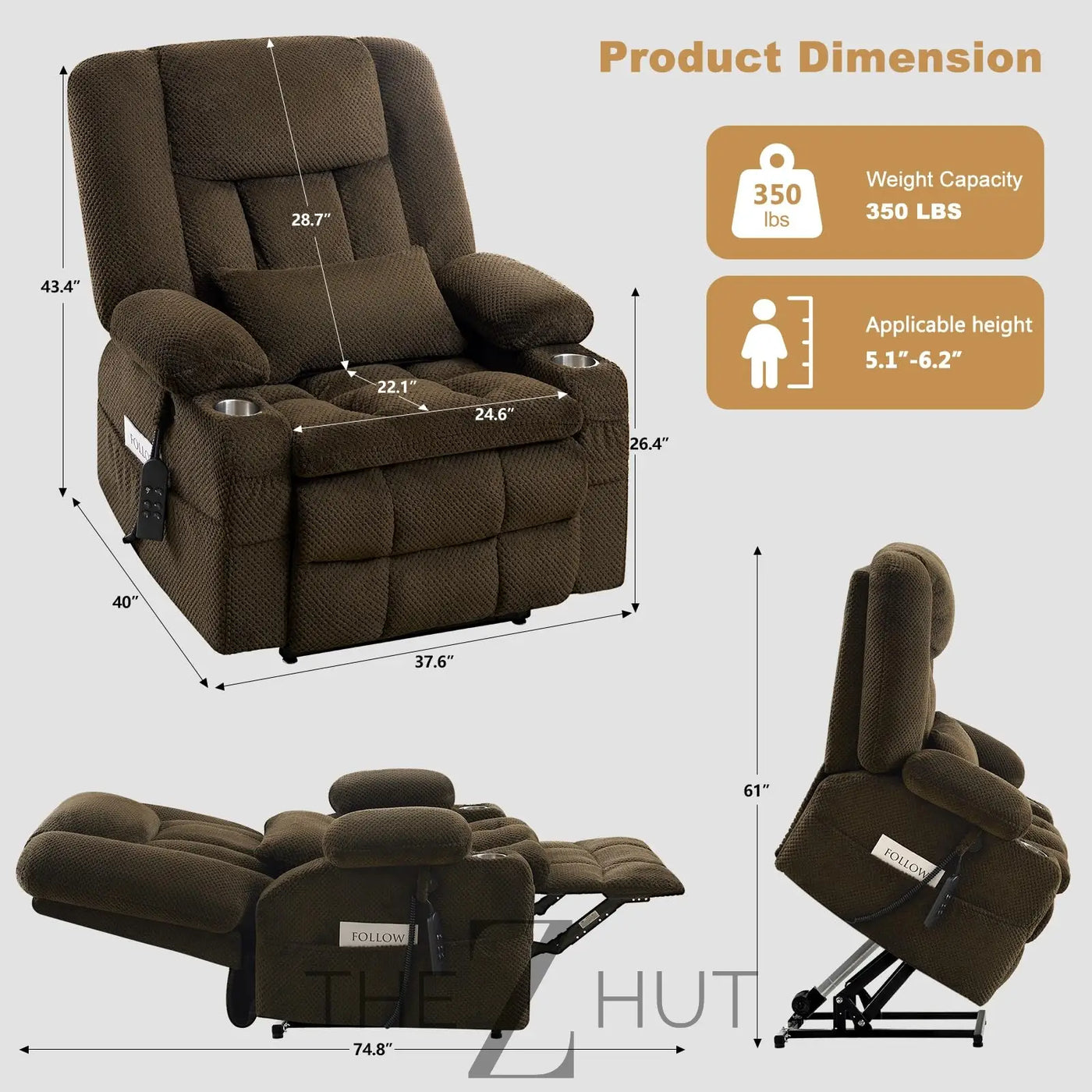 Electric Power Large Lift Recliner Chair Sofa with Massage and Heat for Elderly, Oversized Lay Flat Dual Motor Infinite Position Recliner Chair, Side Pockets, Cup Holders, USB Ports (Brown) THE Z HUT