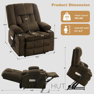 Electric Power Large Lift Recliner Chair Sofa with Massage and Heat for Elderly, Oversized Lay Flat Dual Motor Infinite Position Recliner Chair, Side Pockets, Cup Holders, USB Ports (Brown) THE Z HUT