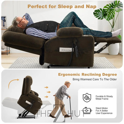 Electric Power Large Lift Recliner Chair Sofa with Massage and Heat for Elderly, Oversized Lay Flat Dual Motor Infinite Position Recliner Chair, Side Pockets, Cup Holders, USB Ports (Brown) THE Z HUT