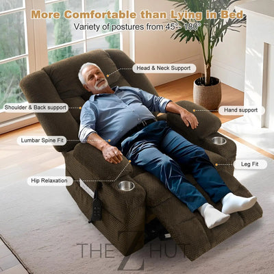 Electric Power Large Lift Recliner Chair Sofa with Massage and Heat for Elderly, Oversized Lay Flat Dual Motor Infinite Position Recliner Chair, Side Pockets, Cup Holders, USB Ports (Brown) THE Z HUT