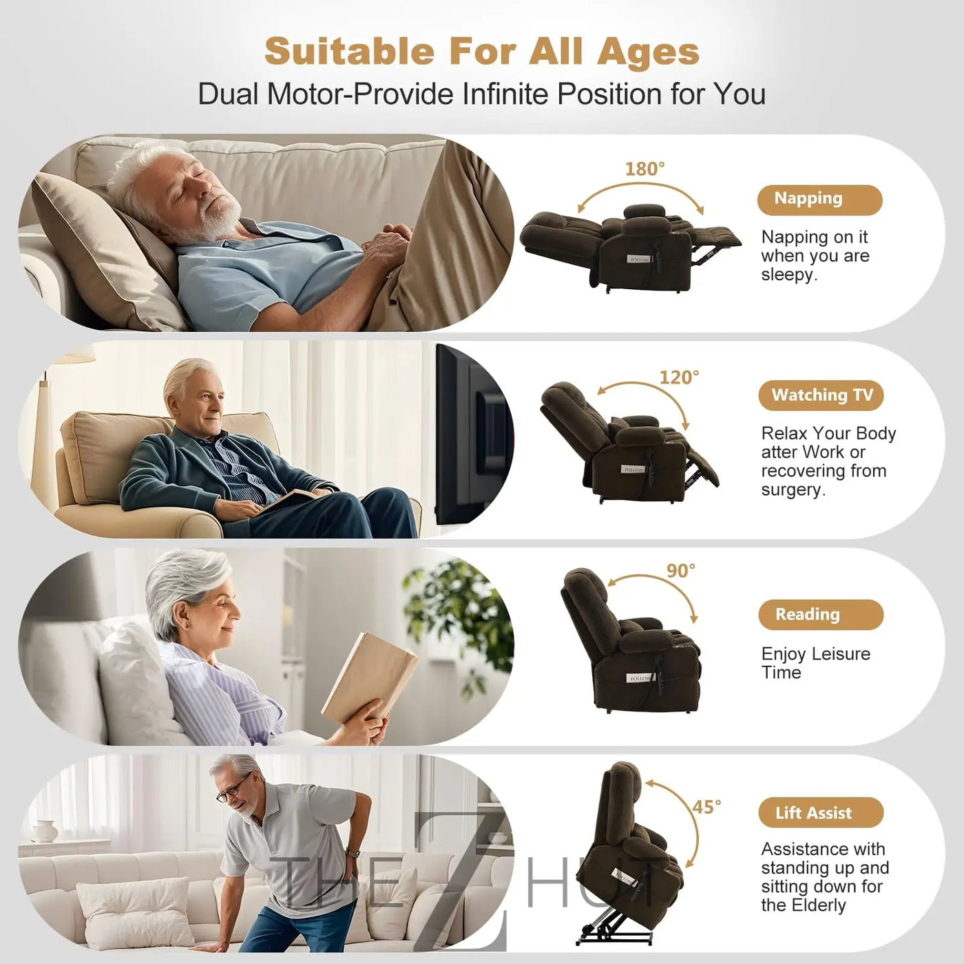 Electric Power Large Lift Recliner Chair Sofa with Massage and Heat for Elderly, Oversized Lay Flat Dual Motor Infinite Position Recliner Chair, Side Pockets, Cup Holders, USB Ports (Brown) THE Z HUT