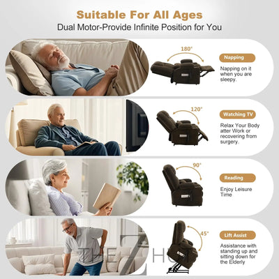 Electric Power Large Lift Recliner Chair Sofa with Massage and Heat for Elderly, Oversized Lay Flat Dual Motor Infinite Position Recliner Chair, Side Pockets, Cup Holders, USB Ports (Brown) THE Z HUT