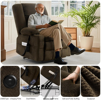 Electric Power Large Lift Recliner Chair Sofa with Massage and Heat for Elderly, Oversized Lay Flat Dual Motor Infinite Position Recliner Chair, Side Pockets, Cup Holders, USB Ports (Brown) THE Z HUT