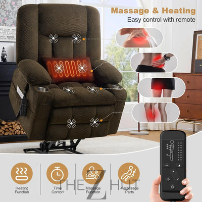 Electric Power Large Lift Recliner Chair Sofa with Massage and Heat for Elderly, Oversized Lay Flat Dual Motor Infinite Position Recliner Chair, Side Pockets, Cup Holders, USB Ports (Brown) THE Z HUT