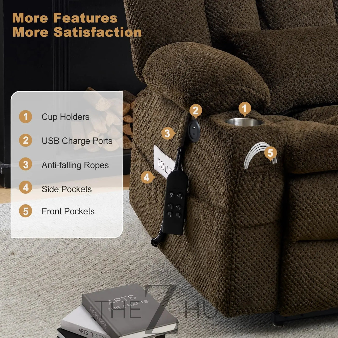 Electric Power Large Lift Recliner Chair Sofa with Massage and Heat for Elderly, Oversized Lay Flat Dual Motor Infinite Position Recliner Chair, Side Pockets, Cup Holders, USB Ports (Brown) THE Z HUT