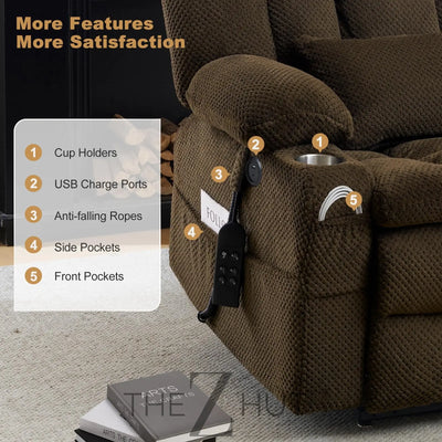 Electric Power Large Lift Recliner Chair Sofa with Massage and Heat for Elderly, Oversized Lay Flat Dual Motor Infinite Position Recliner Chair, Side Pockets, Cup Holders, USB Ports (Brown) THE Z HUT