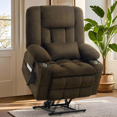 Electric Power Large Lift Recliner Chair Sofa with Massage and Heat for Elderly, Oversized Lay Flat Dual Motor Infinite Position Recliner Chair, Side Pockets, Cup Holders, USB Ports (Brown) THE Z HUT