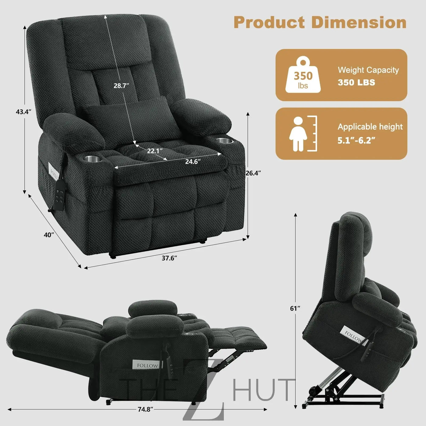 Electric Power Large Lift Recliner Chair Sofa with Massage and Heat for Elderly, Oversized Lay Flat Dual Motor Infinite Position Recliner Chair, Side Pockets, Cup Holders, USB Ports (Brown) THE Z HUT