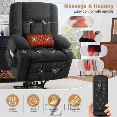 Electric Power Large Lift Recliner Chair Sofa with Massage and Heat for Elderly, Oversized Lay Flat Dual Motor Infinite Position Recliner Chair, Side Pockets, Cup Holders, USB Ports (Brown) THE Z HUT