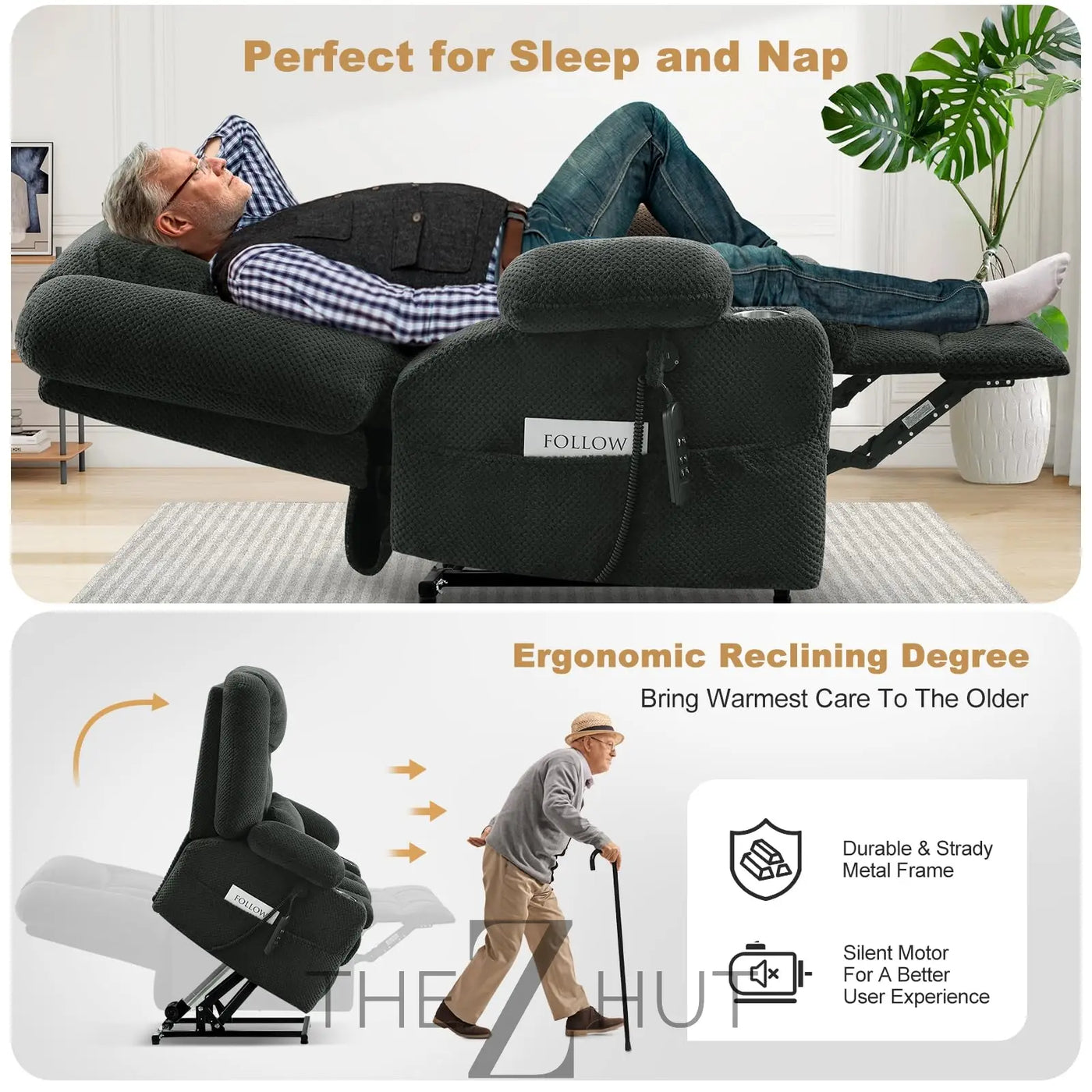 Electric Power Large Lift Recliner Chair Sofa with Massage and Heat for Elderly, Oversized Lay Flat Dual Motor Infinite Position Recliner Chair, Side Pockets, Cup Holders, USB Ports (Brown) THE Z HUT