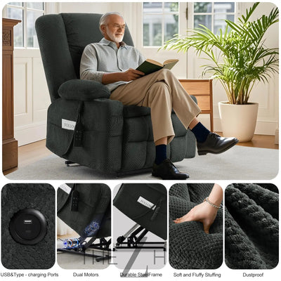 Electric Power Large Lift Recliner Chair Sofa with Massage and Heat for Elderly, Oversized Lay Flat Dual Motor Infinite Position Recliner Chair, Side Pockets, Cup Holders, USB Ports (Brown) THE Z HUT