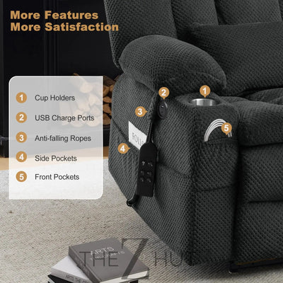 Electric Power Large Lift Recliner Chair Sofa with Massage and Heat for Elderly, Oversized Lay Flat Dual Motor Infinite Position Recliner Chair, Side Pockets, Cup Holders, USB Ports (Brown) THE Z HUT
