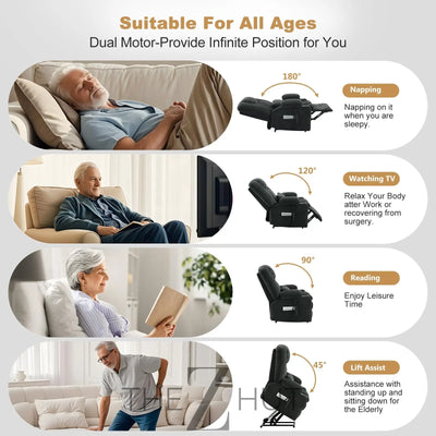 Electric Power Large Lift Recliner Chair Sofa with Massage and Heat for Elderly, Oversized Lay Flat Dual Motor Infinite Position Recliner Chair, Side Pockets, Cup Holders, USB Ports (Brown) THE Z HUT