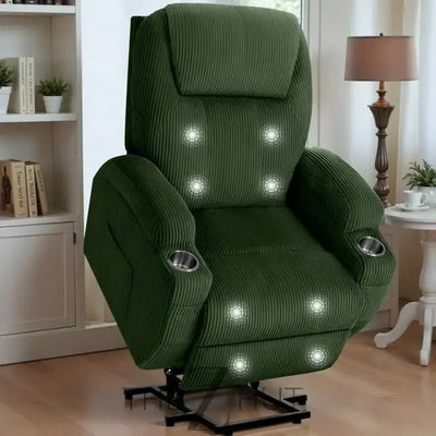Electric Power Lift Recliner Chair with Massage for Elderly Corduroy Fabric Recliner Single Sofa with Cup Holders, Side Pockets and Remote Control for Living Room Bedroom (Green) THE Z HUT