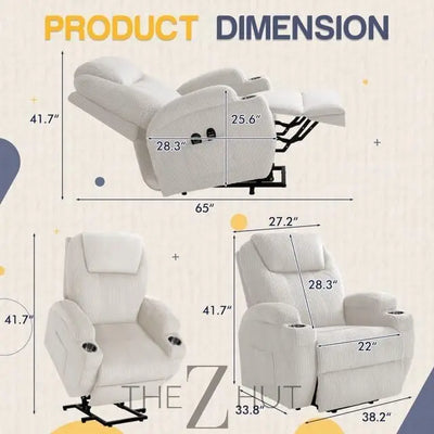 Electric Power Lift Recliner Chair with Massage for Elderly Corduroy Fabric Recliner Single Sofa with Cup Holders, Side Pockets and Remote Control for Living Room Bedroom (Green) THE Z HUT
