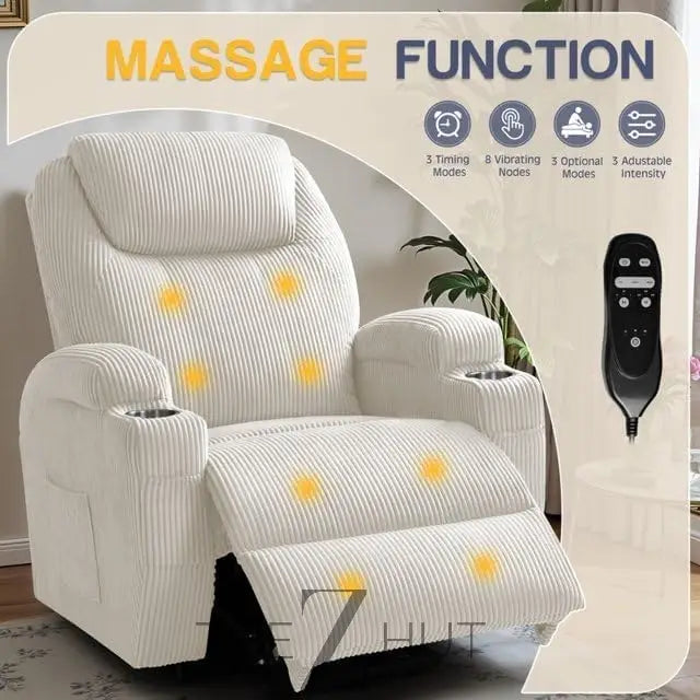 Electric Power Lift Recliner Chair with Massage for Elderly Corduroy Fabric Recliner Single Sofa with Cup Holders, Side Pockets and Remote Control for Living Room Bedroom (Green) THE Z HUT