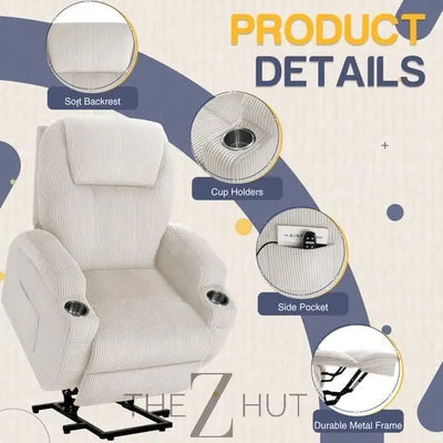 Electric Power Lift Recliner Chair with Massage for Elderly Corduroy Fabric Recliner Single Sofa with Cup Holders, Side Pockets and Remote Control for Living Room Bedroom (Green) THE Z HUT