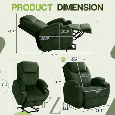 Electric Power Lift Recliner Chair with Massage for Elderly Corduroy Fabric Recliner Single Sofa with Cup Holders, Side Pockets and Remote Control for Living Room Bedroom (Green) THE Z HUT