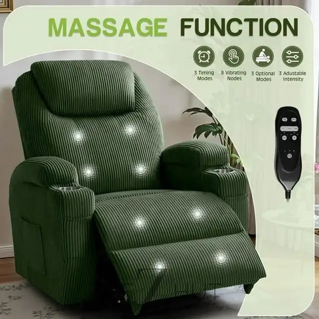 Electric Power Lift Recliner Chair with Massage for Elderly Corduroy Fabric Recliner Single Sofa with Cup Holders, Side Pockets and Remote Control for Living Room Bedroom (Green) THE Z HUT