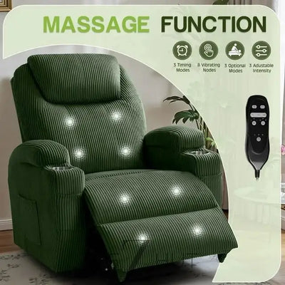 Electric Power Lift Recliner Chair with Massage for Elderly Corduroy Fabric Recliner Single Sofa with Cup Holders, Side Pockets and Remote Control for Living Room Bedroom (Green) THE Z HUT