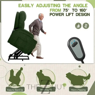 Electric Power Lift Recliner Chair with Massage for Elderly Corduroy Fabric Recliner Single Sofa with Cup Holders, Side Pockets and Remote Control for Living Room Bedroom (Green) THE Z HUT
